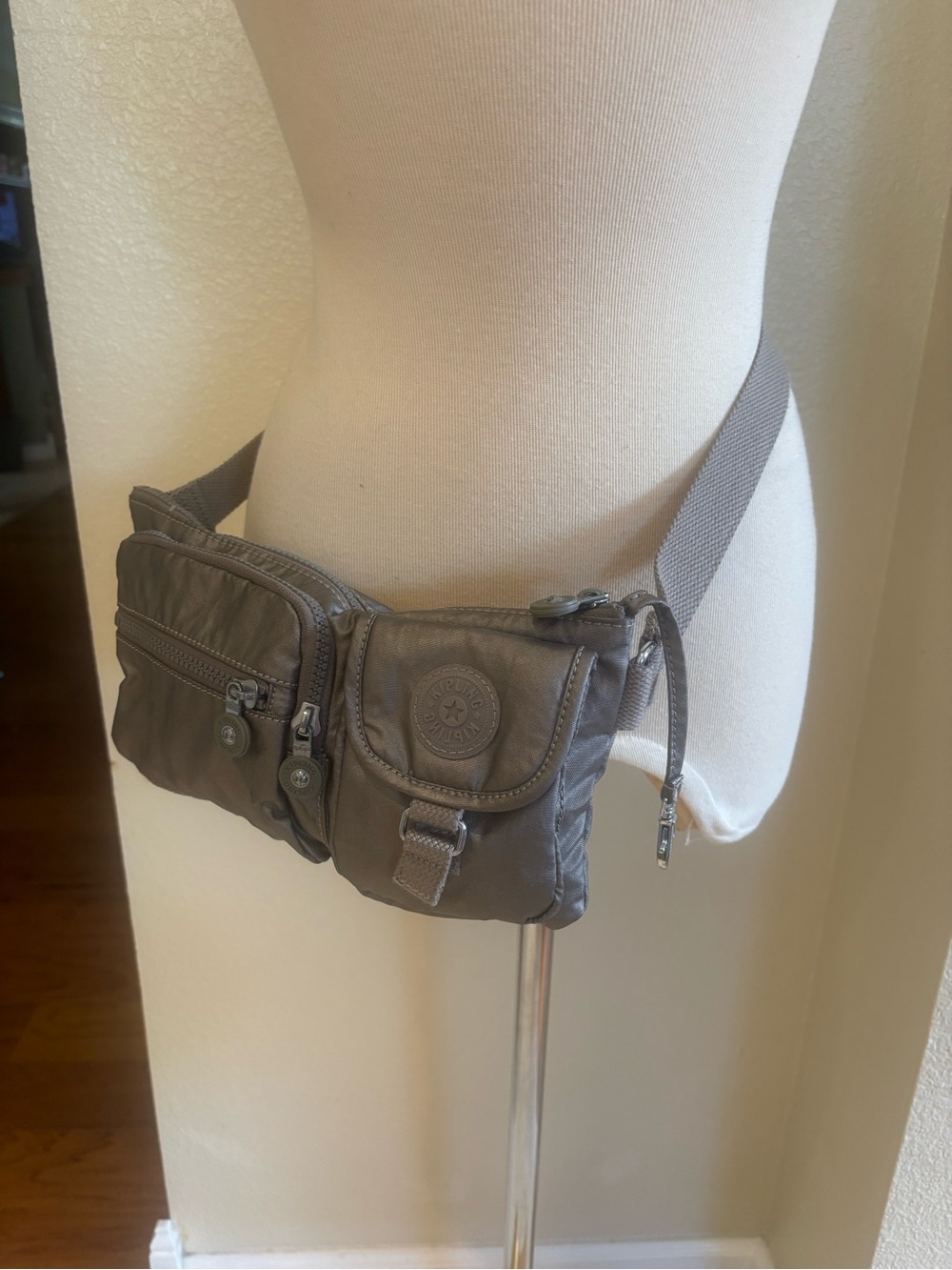 Kipling Taupe Nylon Belt Bag with Multiple Zip Pockets